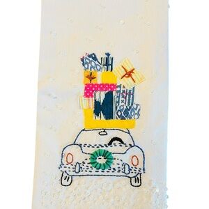 Anthropologie White Dish Towel with Colorful Christmas Embroidery